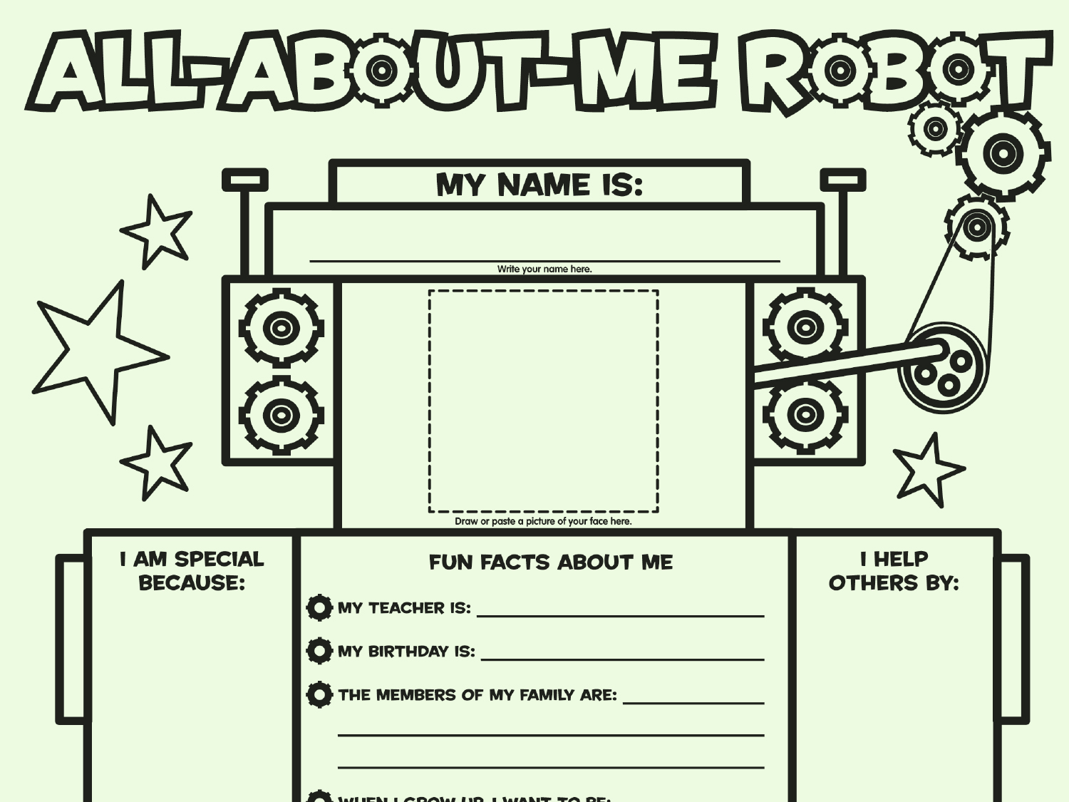 All About Me Robot Fill In Poster Worksheets Printables