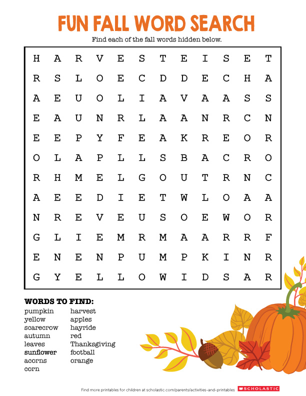 Autumn Word Search Worksheets & Printables Scholastic Parents