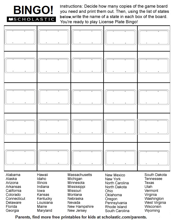 License Plate Bingo Sheets Worksheets Printables Scholastic Parents