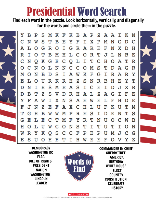 A President's Day Word Search Worksheets & Printables Scholastic
