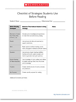 Checklist for Student Reading Strategies: Before Reading Assessment
