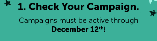 * 1. Check Your Campaign. Campaigns must be active through December 12'"! 