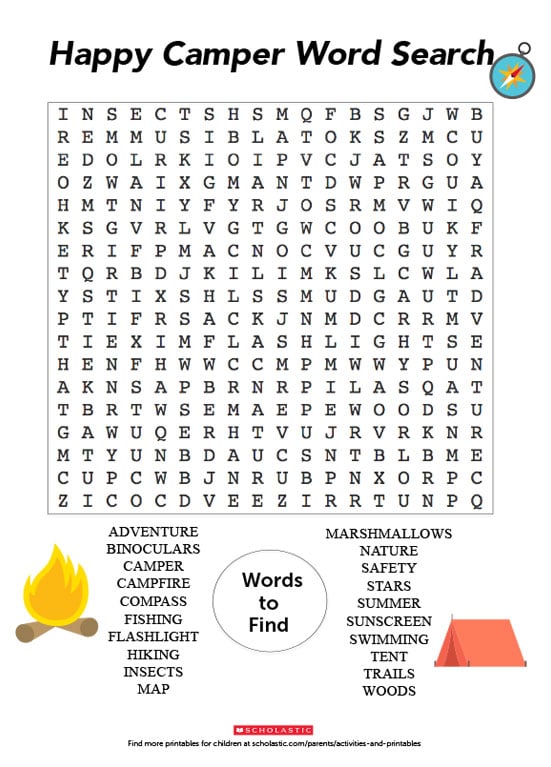 a word search printable for your happy camper scholastic parents