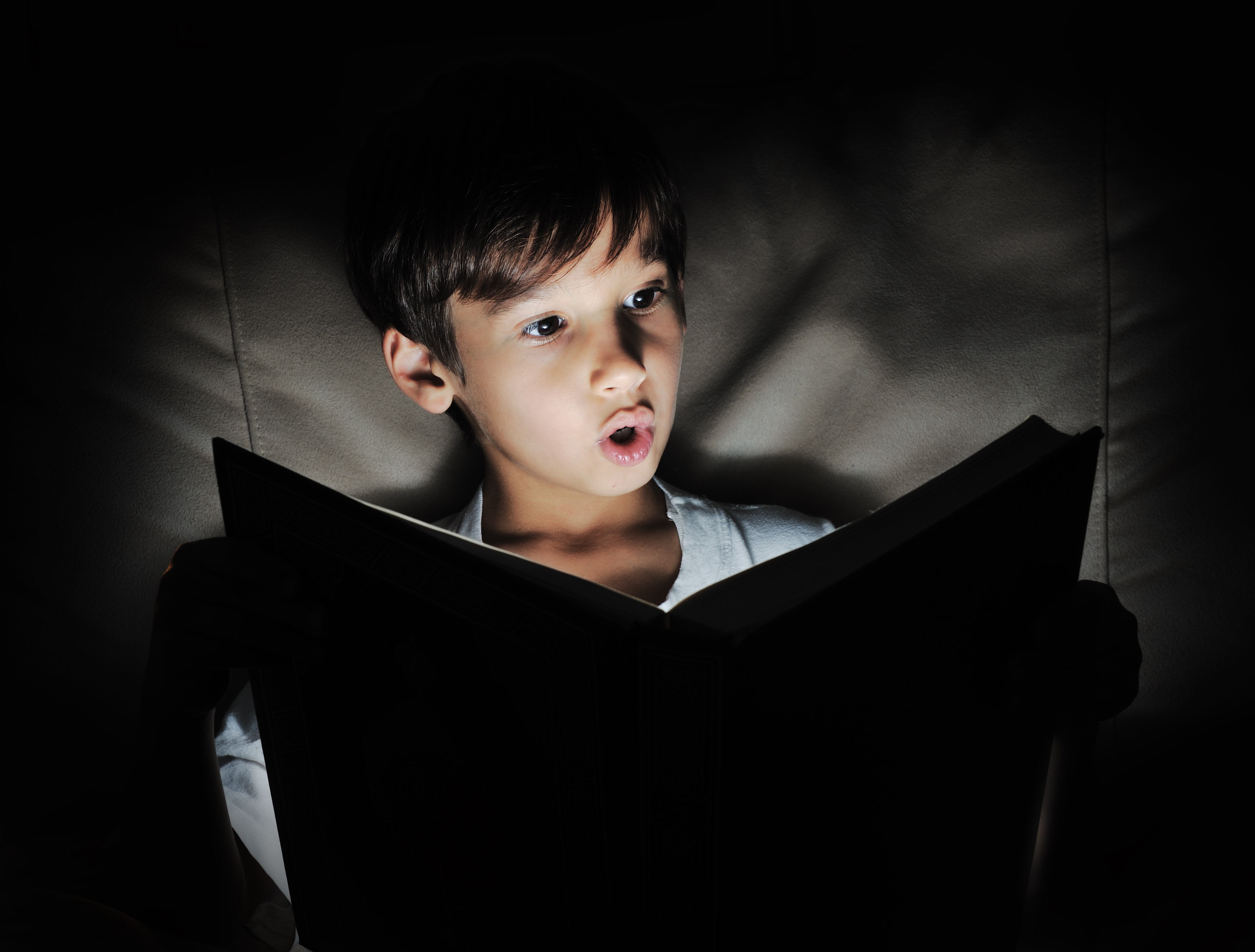 Scary read. Boy with book under the Blanket.