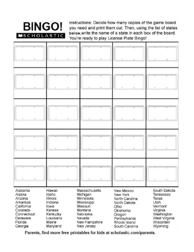 License Plate Bingo Sheets Worksheets Printables Scholastic Parents