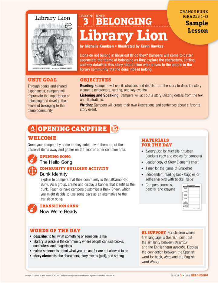 See Inside 1  - LitCamp Orange Bunk (Grades 1-2) Sample Lesson