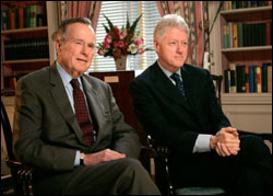 former Presidents Bush and Clinton shoot a PSA for tsunami disaster relief.