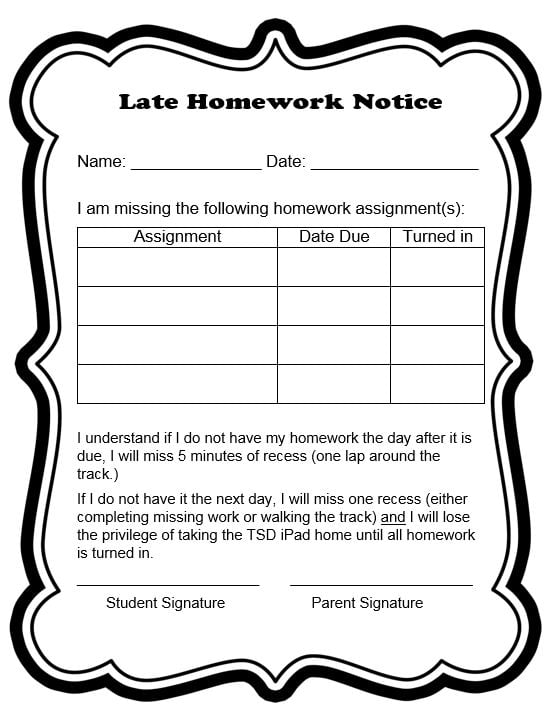 Homework Chart For Middle School